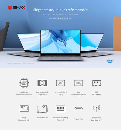 BMAX X14 14.1" Intel Quad Core HD 8GB + 256GB SSD Ultra-Thin Notebook Laptop